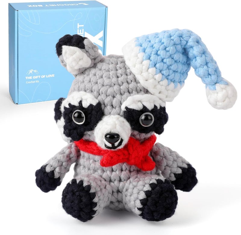 CrochetBox Crochet Kit for Beginners Adults - Raccoon Starters Crochet Kit, Beginners Crocheting Kitting for Adults Teen, Craft Gifts with Crochets Yarns, Hook, Step-by-Step Video, Instruction - Image 1